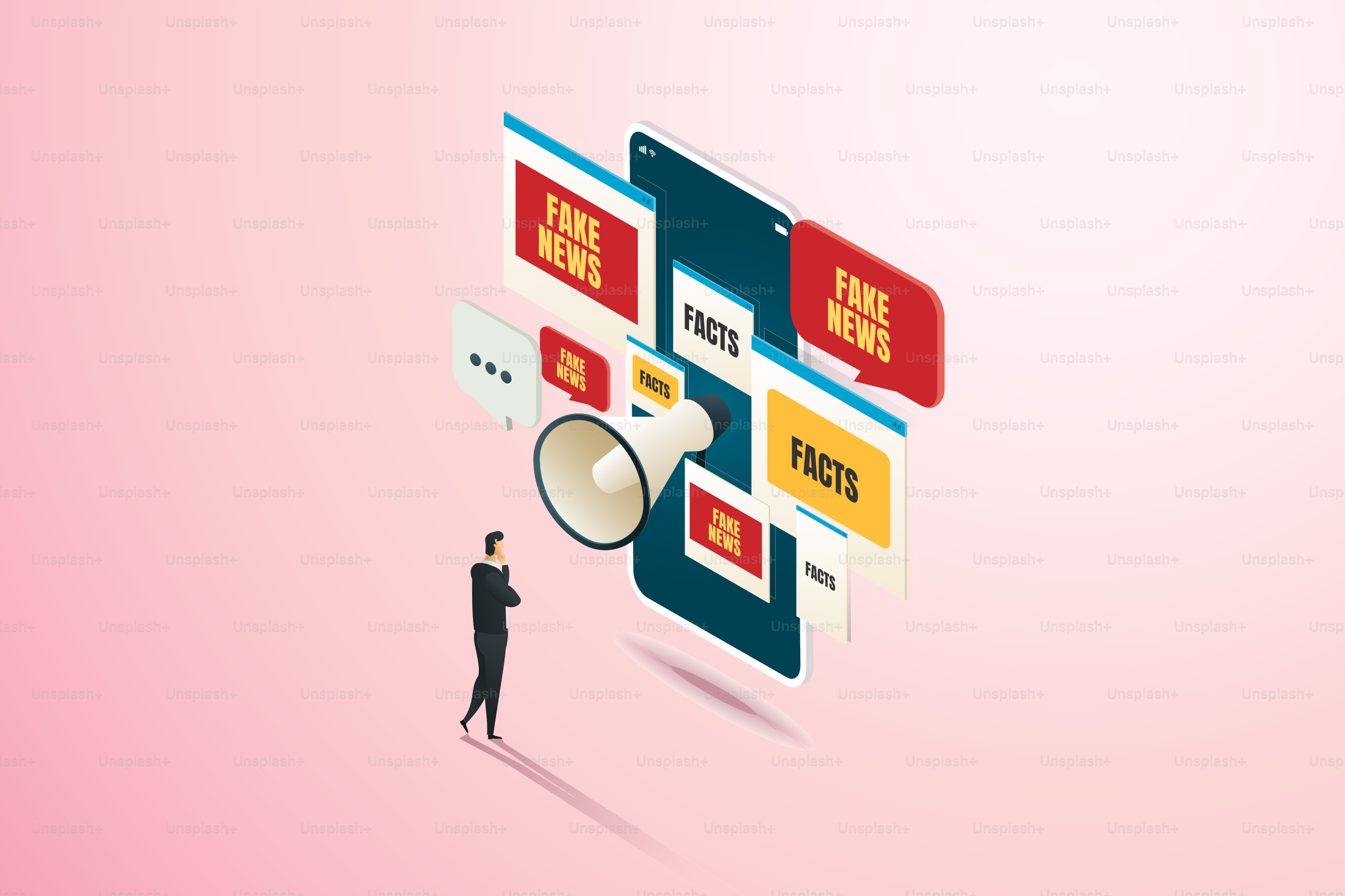 Mann, der gefälschte Nachrichten online und Fakten in sozialen Medien analysiert, die Informationen über die Online-Welt in Mobiltelefonen verbreiten.  Isometrische Vektorillustration.