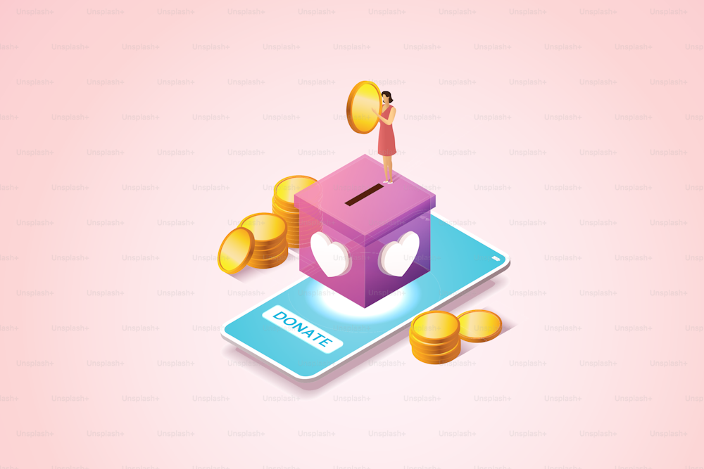 Woman donating money via smartphone online Charity fundraising for donations on mobile applications. Isometric vector illustration