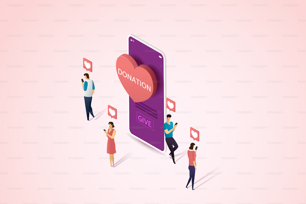 People are happy to donate money through their smartphones online. Charity fundraising for donations on mobile applications. Isometric vector illustration