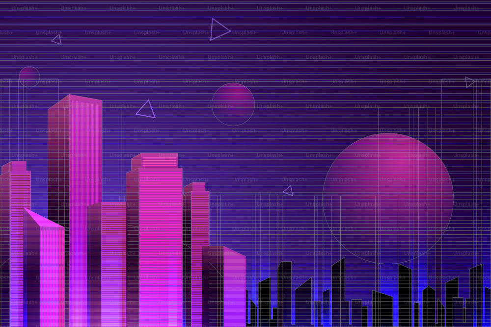 City metaverse, a mix of real and virtual, downtown, skyscrapers, virtual architecture, cyberspace and planets. illustration Vector