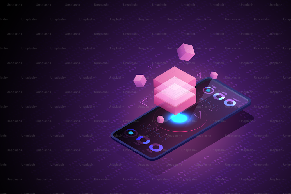 3D Blockchain technology for smartphone. Future Technology Concept Blockchain Cryptocurrency. isometric vector illustration.