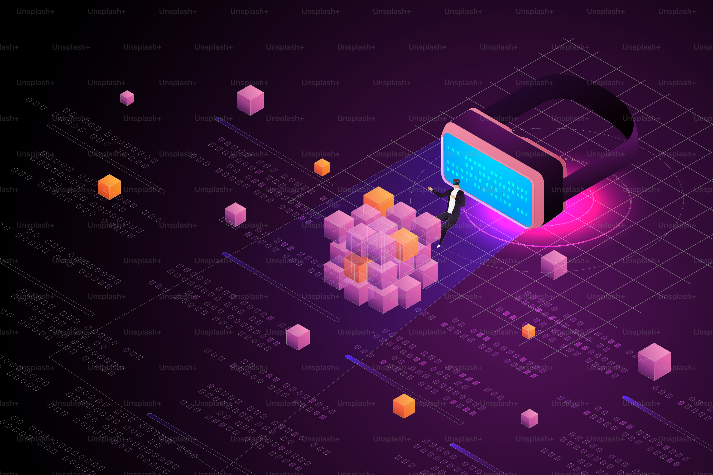 Experience 3D Metaverse, the limitless virtual reality technology for future users and digital devices. blockchain innovation connection isometric vector illustration