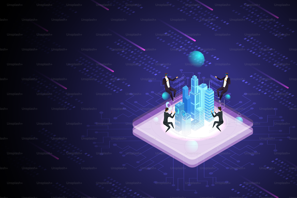 Group people touching city on purple background in a virtual world Experience Metaverse, the limitless virtual reality technology. isometric vector illustration.