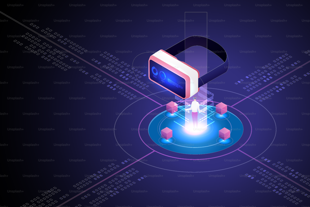 Experience 3D Metaverse, the limitless virtual reality technology for future users and digital devices. blockchain innovation connection isometric vector illustration