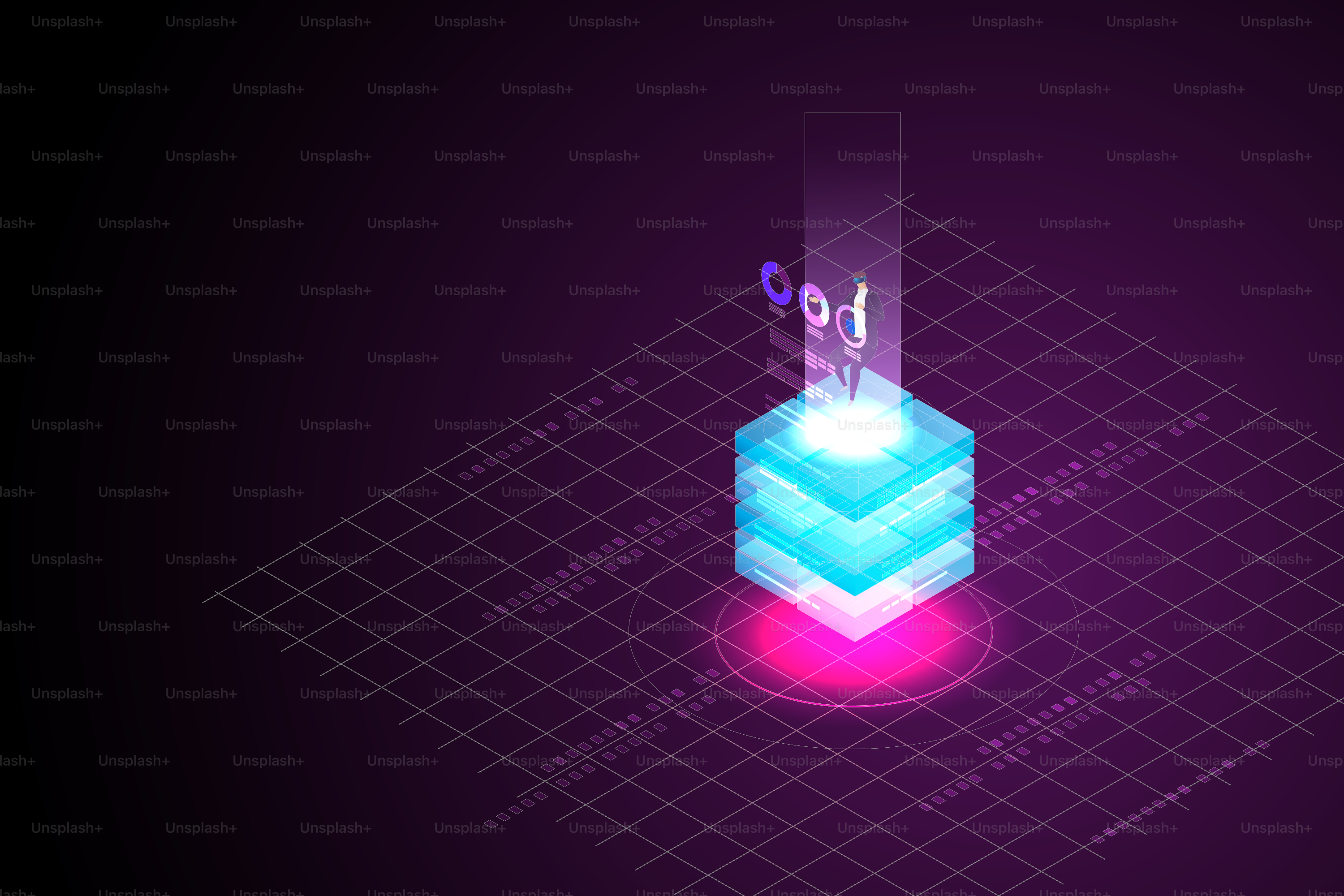 Experience 3D Metaverse, the limitless virtual reality technology for future users and digital devices. blockchain innovation connection isometric vector illustration