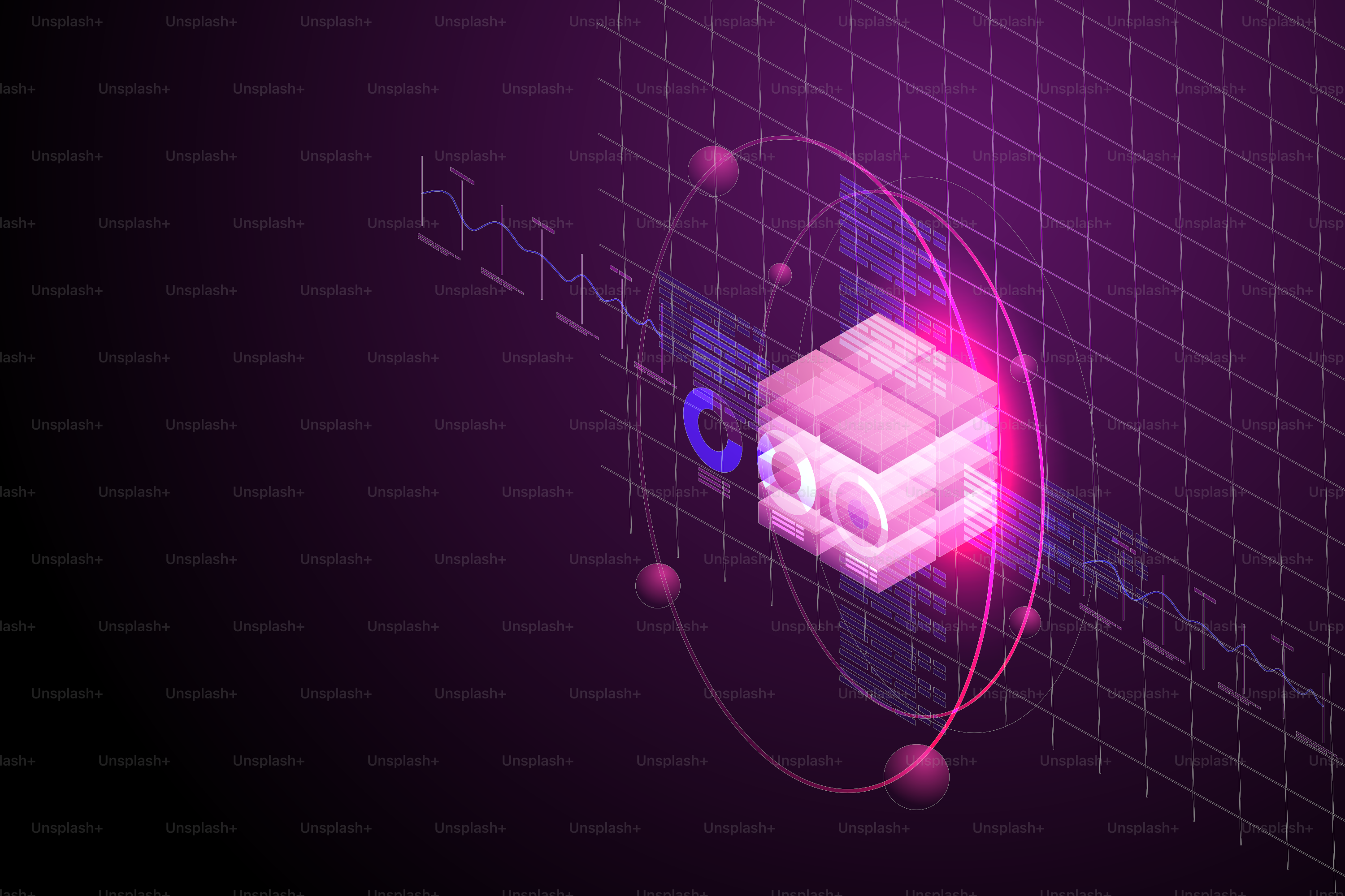 ブロックチェーン技術のデジタルホログラム背景。等角ベクトル図。