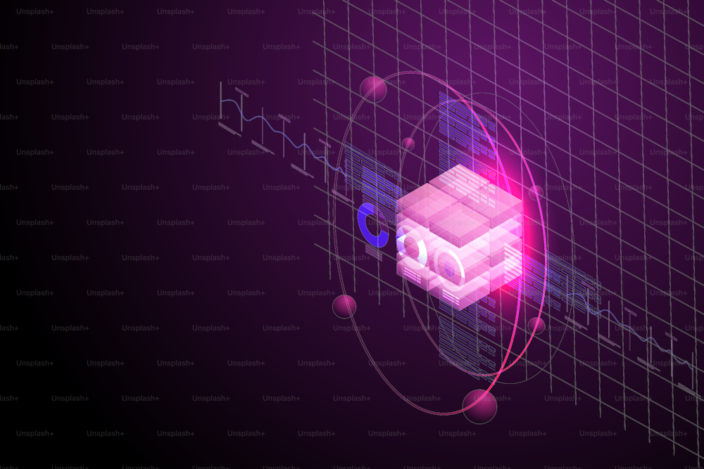 Blockchain technology digital hologram background. isometric vector illustration.
