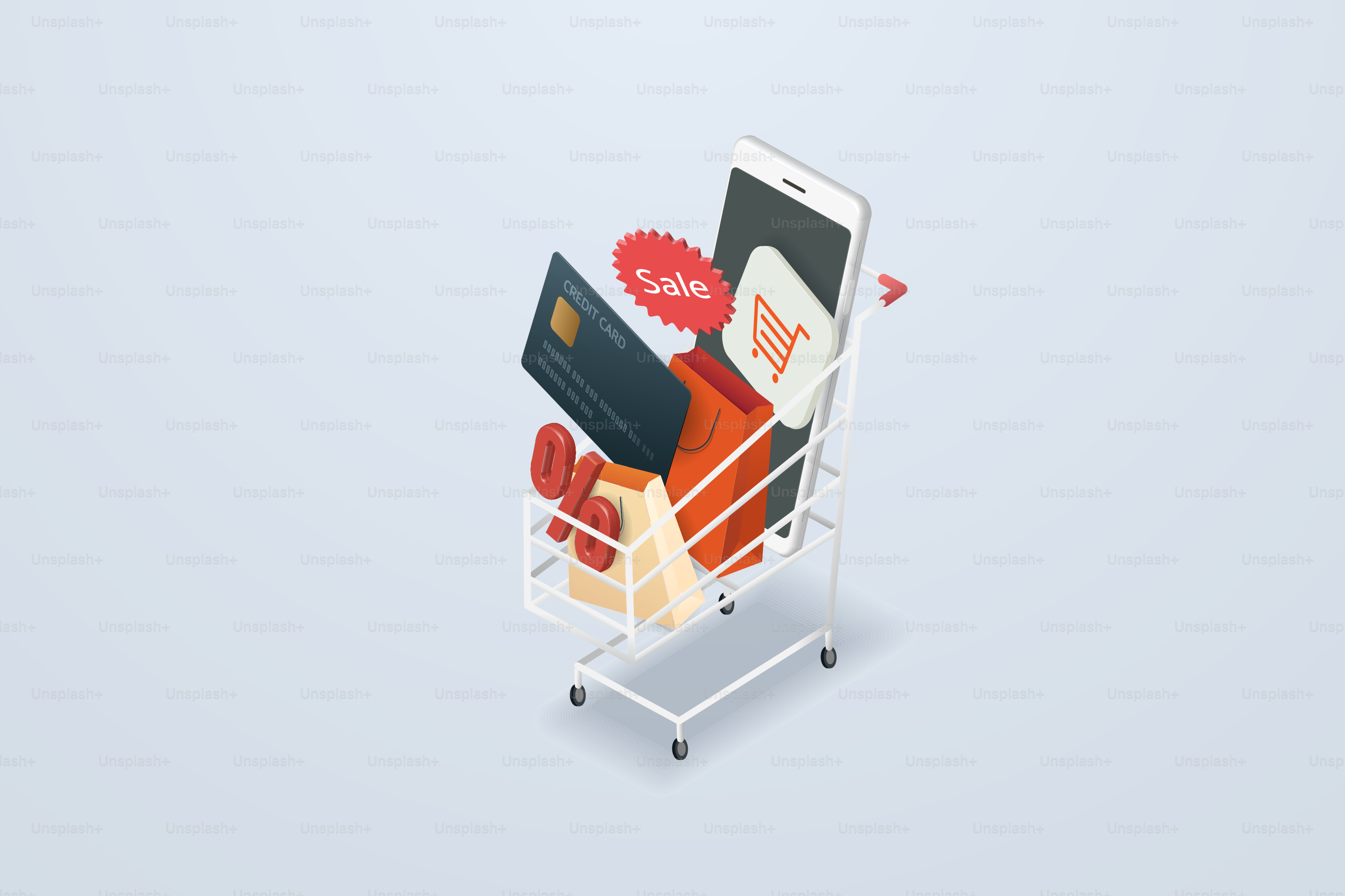 Online shopping via smartphone discount 3d text, credit card, paper bag, mobile in cart on a gray and white background. 3d  isometric vector illustration.