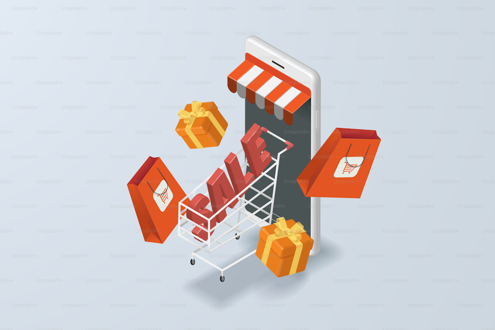 Online shopping via smartphone Sale 3d text on cart, paper bag and gift box floating around mobile on gray-white background. 3d  isometric vector illustration.
