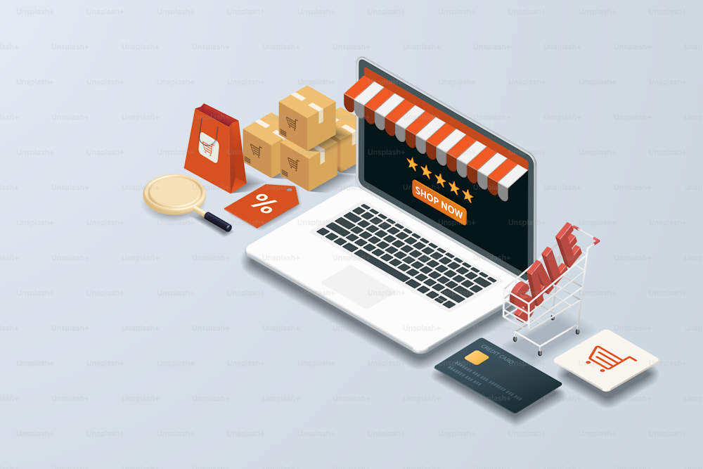 Online shopping via laptop, online store discount, paper bags parcel box, credit card and Sale 3d text on cart, on white gray background. 3d isometric vector illustration
