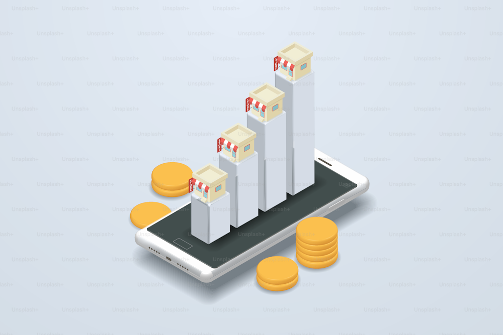 Online business growth Shop icon on mobile growing bar graph on a gray and white background. 3d isometric vector illustration.