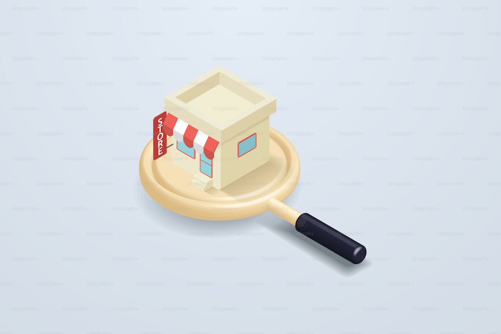 Online store icon on large magnifying glass on gray white background Finding an Online Store. 3d isometric vector illustration.