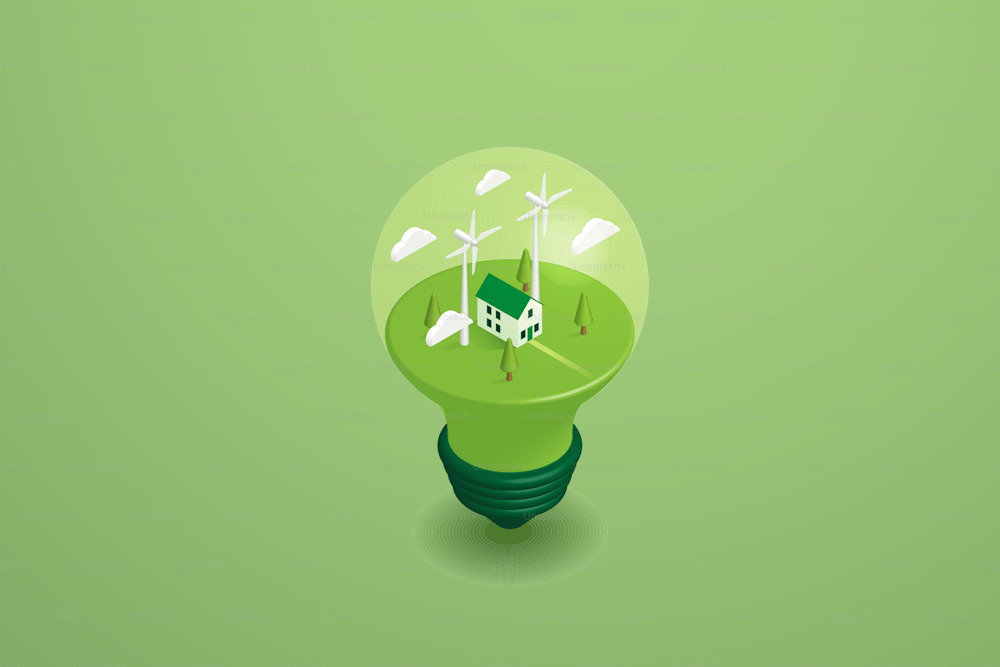 Grüne Energietechnologie, ökologisch nachhaltige erneuerbare Energien. Haus mit und sauberer Energie Windmühle auf Glühbirne auf grünem Hintergrund. Isometrische 3D-Vektorillustration.