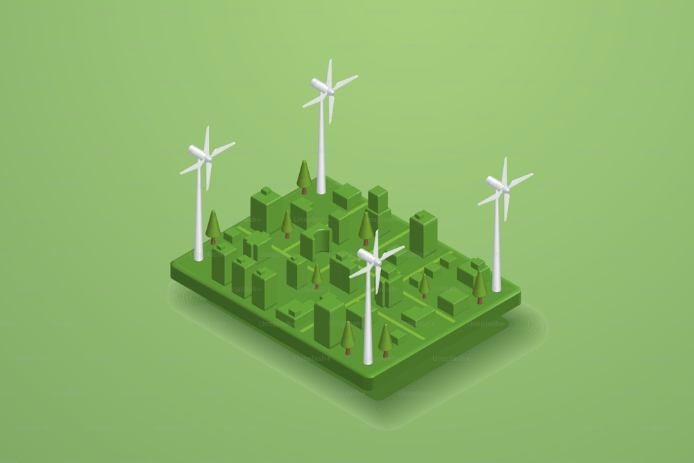 Ciudad verde genera electricidad con turbinas eólicas Energía limpia y energía alternativa ambientalmente sostenible tecnología de energía verde ciudad futura. Ilustración vectorial isométrica 3D.
