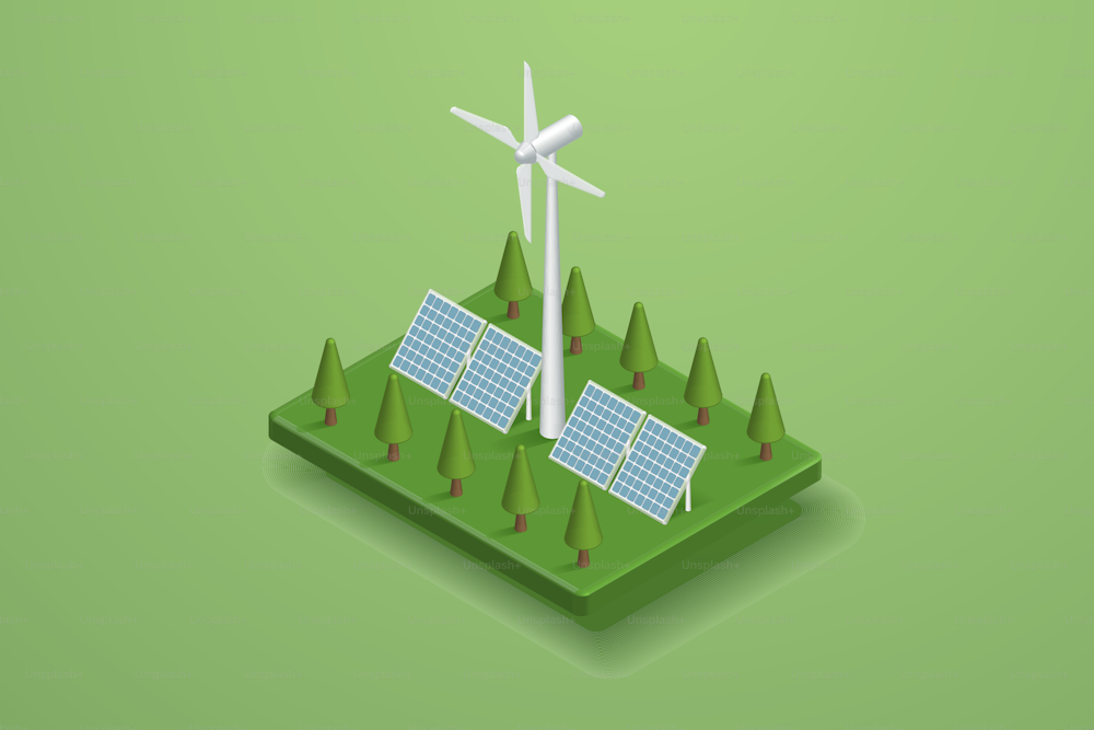ソーラーパネルで発電 太陽エネルギーと風力タービン、クリーンエネルギー、環境的に持続可能な代替エネルギー。アイソメトリックベクターイラスト