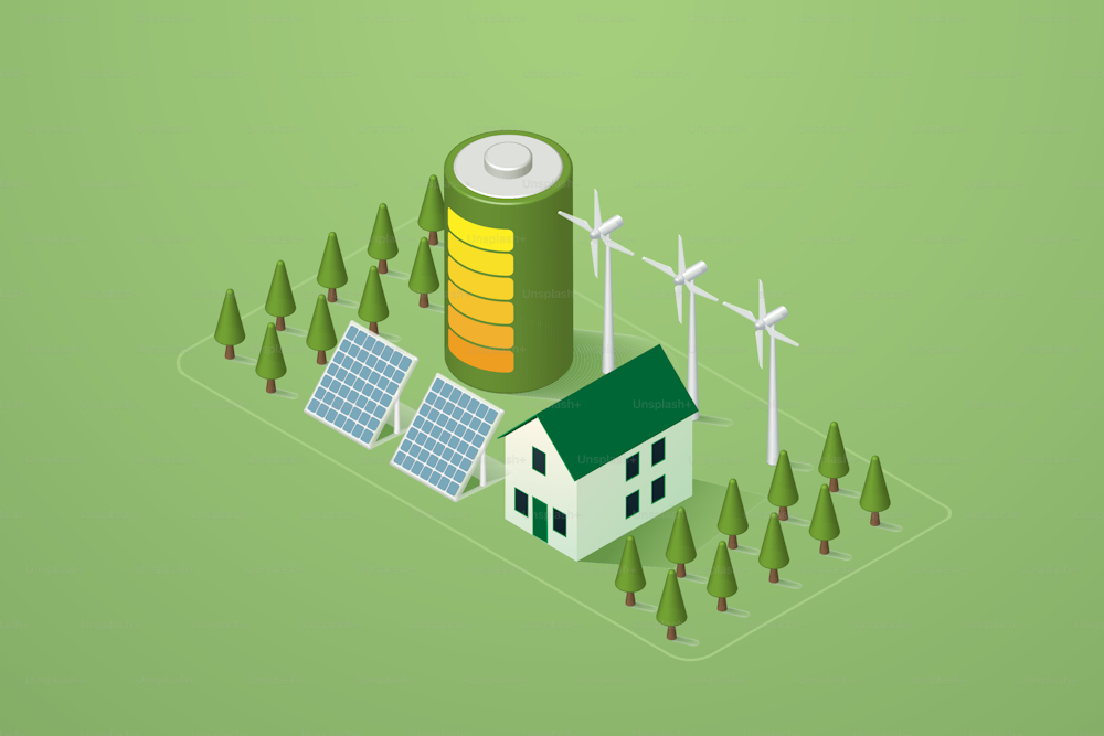 ソーラーパネルと風力タービン、クリーンエネルギー、バッテリーにエネルギー貯蔵を備えた環境的に持続可能な代替エネルギーを備えたグリーン再生可能エネルギーハウス。等角ベクターイラスト。