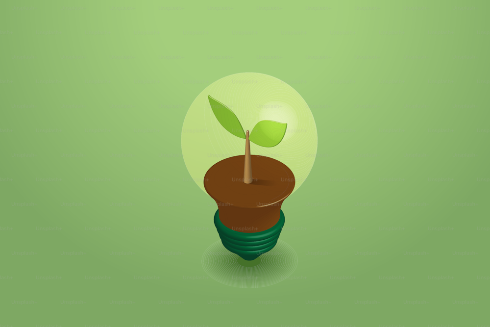 Light bulb with a tree sapling inside is growing. creative concept environmentally friendly energy on green background. isometric vector illustration.