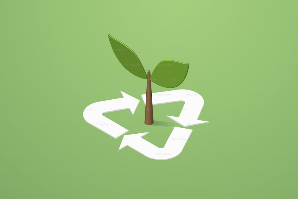 Recycle symbol and green tree sapling on green background. isometric vector illustration.