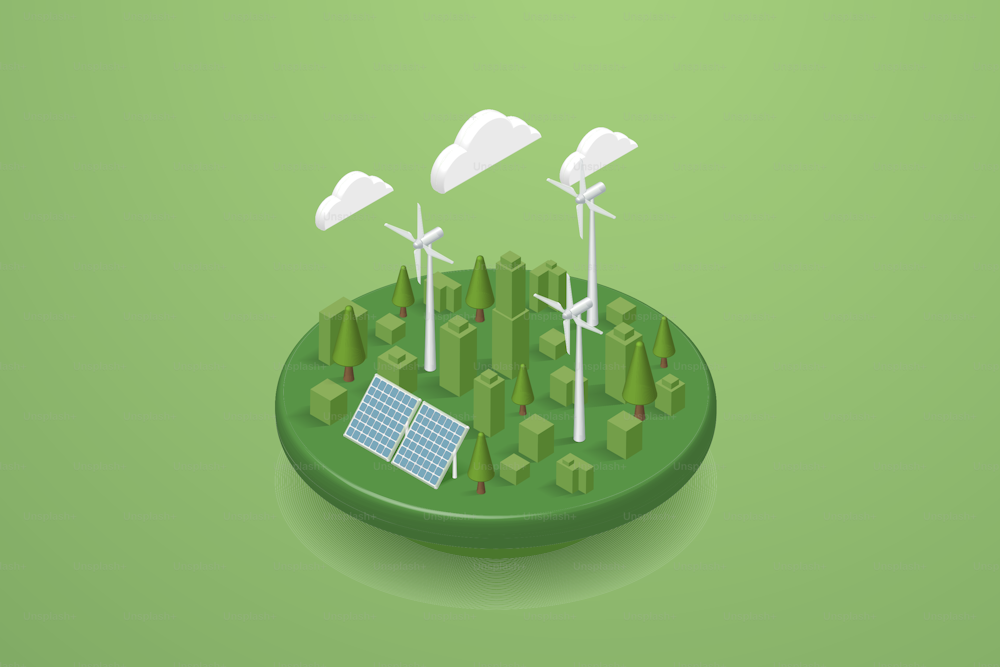 Ciudad verde genera electricidad con paneles solares y turbinas eólicas Energía limpia y energía alternativa ambientalmente sostenible tecnología de energía verde ciudad futura. Ilustración vectorial isométrica.
