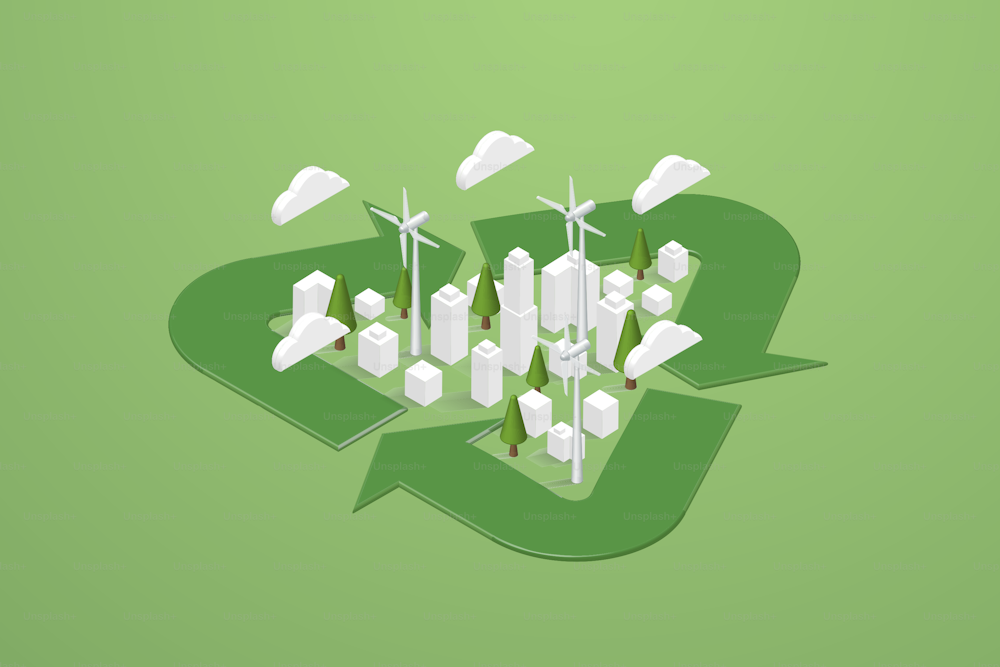 Green city clean energy in recycle symbol ecosostenibile energia alternativa ed energia verde. illustrazione vettoriale isometrica.