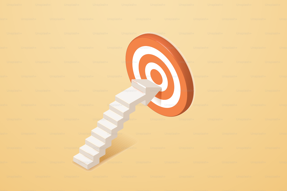 White arrow ladder aiming at target on yellow background The path to success of an ambitious business goal or business growth. 3D isometric vector illustration.