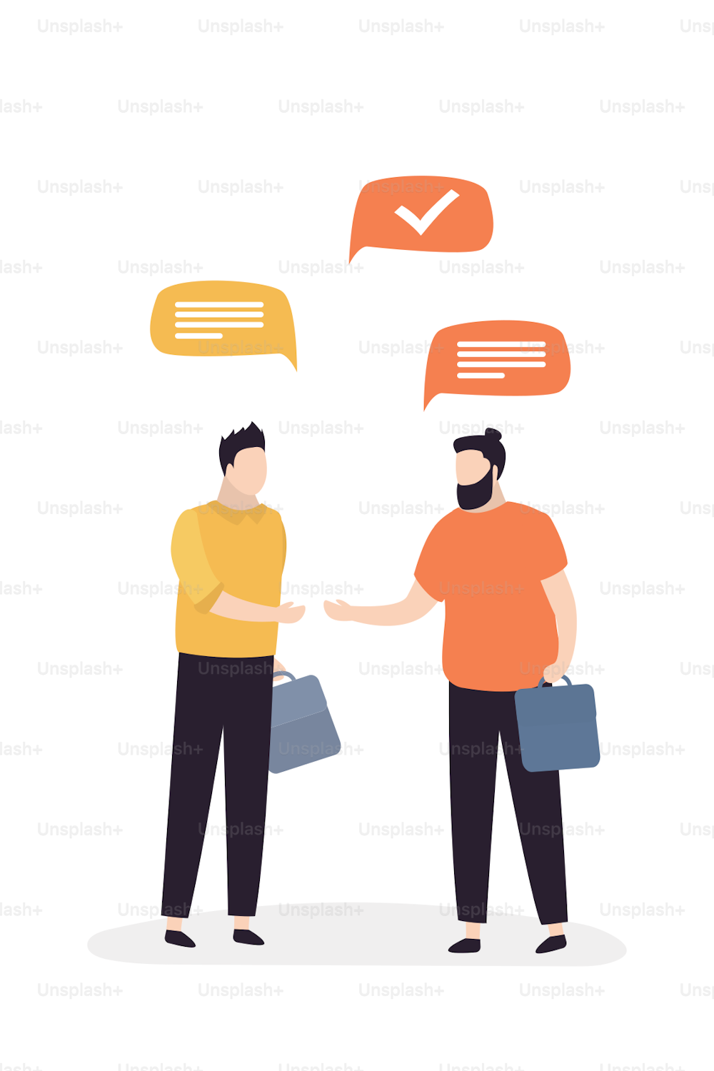 Two businessmen talking. Dialog between business people. Handsome male characters isolated on white background. Trendy vector illustration