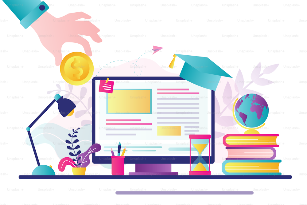 Workplace with modern computer and stacks of books. Hand holding gold coin. Investing in education. Knowledge,online courses. Investment banner, student loans, scholarships. Trendy vector illustration