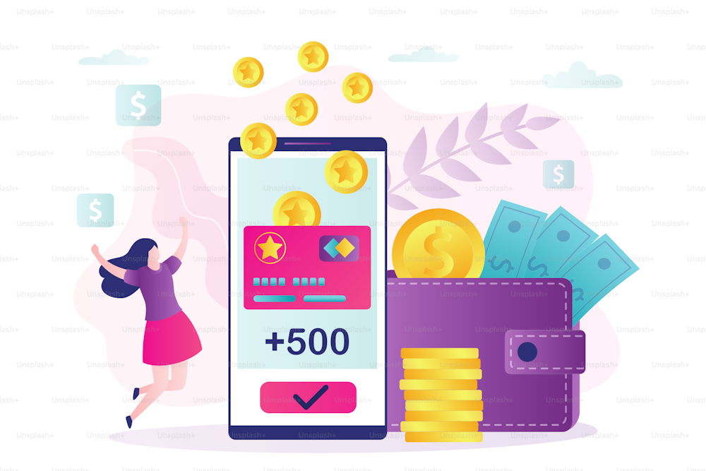 Female character rejoices in new accrued bonuses. Loyalty program, woman customer get rewards. Earn points concept. Phone screen with cashback and bonus card.Banner in trendy style.Vector illustration