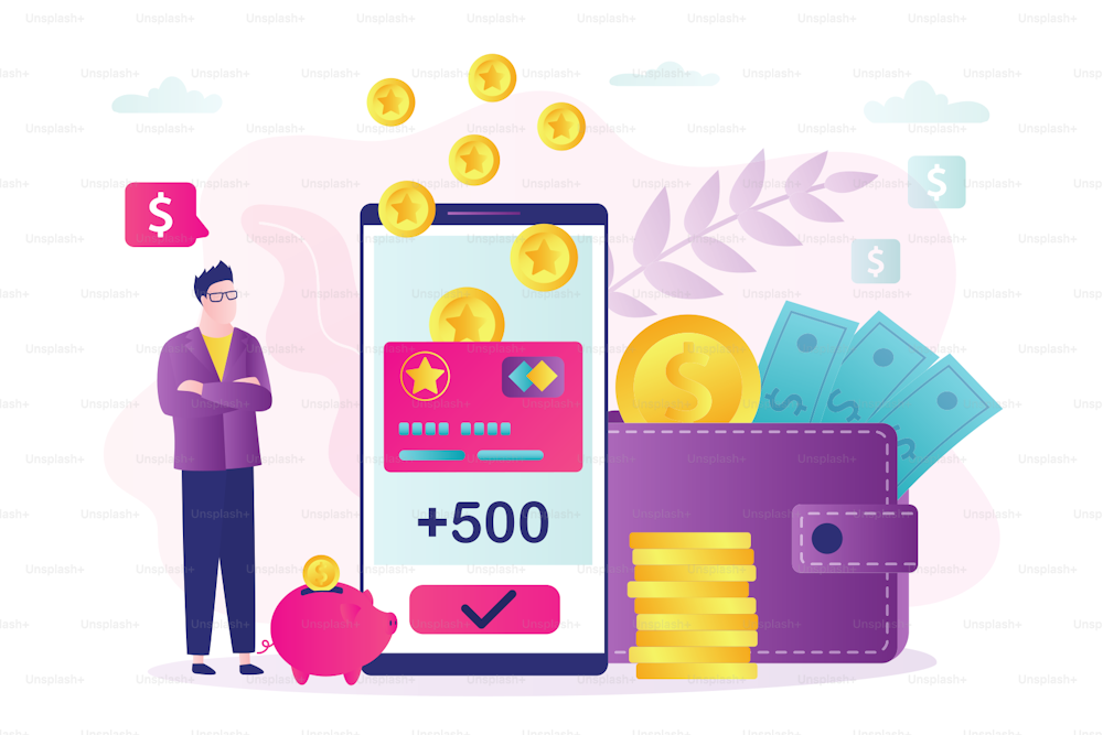 Man client received new bonuses on virtual card. Loyalty program, cashback and earn points. Reward program, bonus card and male character in trendy style. Wallet full of money.Flat vector illustration