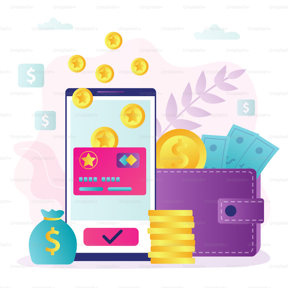 Phone screen with bonus card and cashback for clients. Concept of loyalty program and earning points. Reward program banner. Reward gifts and money for purchases. Trendy flat vector illustration