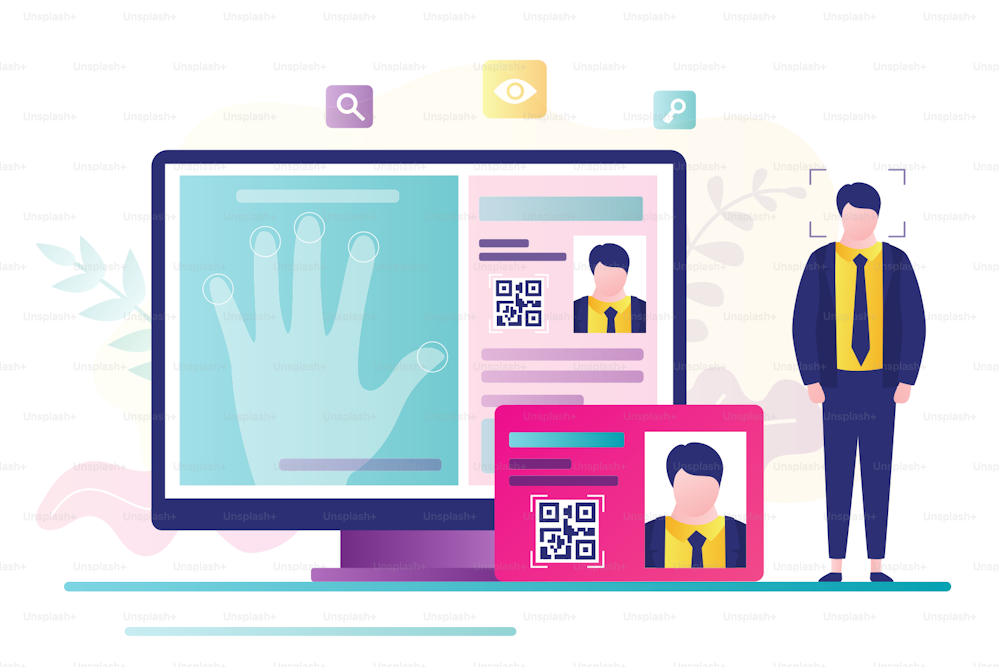 Ð¡oncept of access control, fingerprint scanner. Online passport and biometric identifier. Personal data and fingerprints on computer screen. Protection of personal information.Flat vector illustration