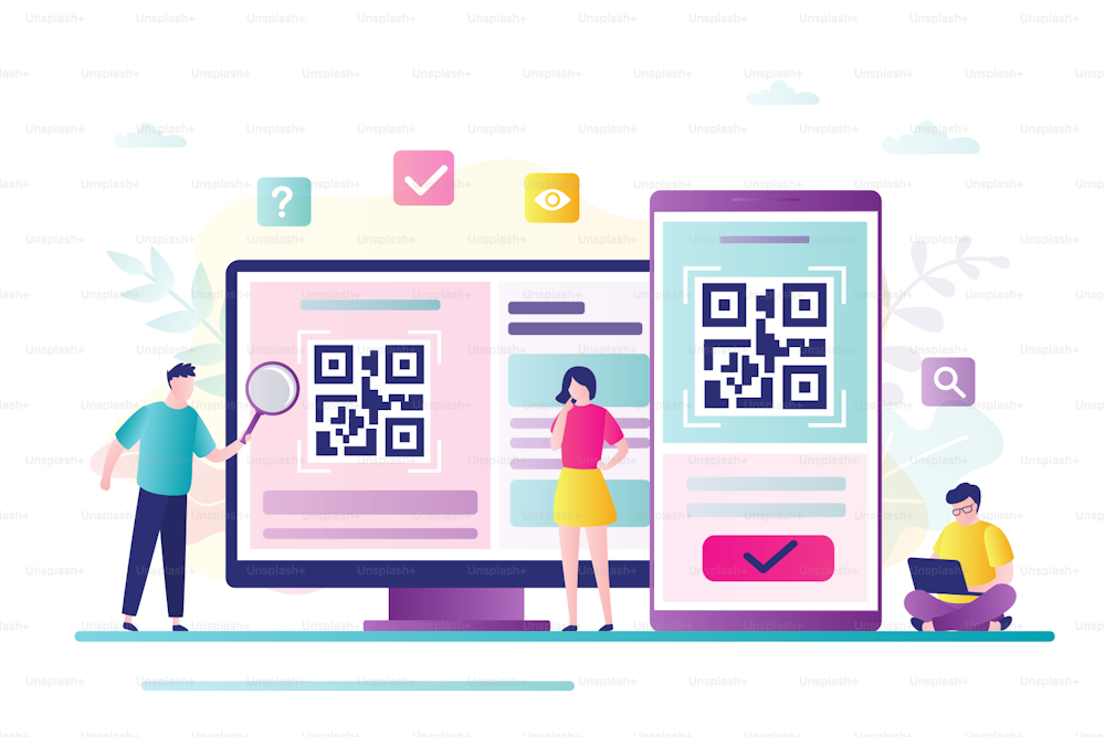 QR Code scanning concept. Group of people scan code using smartphone and computer. Smart technology for internet and mobile payments. Suitable for web landing page, banner template.Vector Illustration