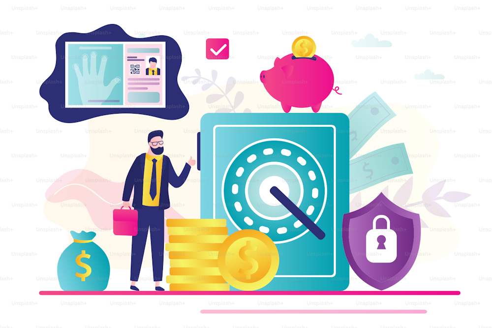 Reliable protection of finances and deposits. Fingerprint identification. Steel safe and businessman with money. Strongbox, piggy bank and security shield.Happy male investor. Flat vector illustration