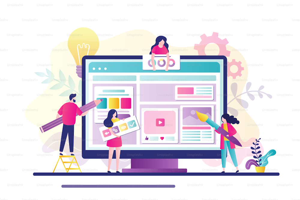Website development concept. Group of developers and designers create website. Teamwork, creation of an online store or blog. Copywriting, uploading media content to web page. Flat vector illustration
