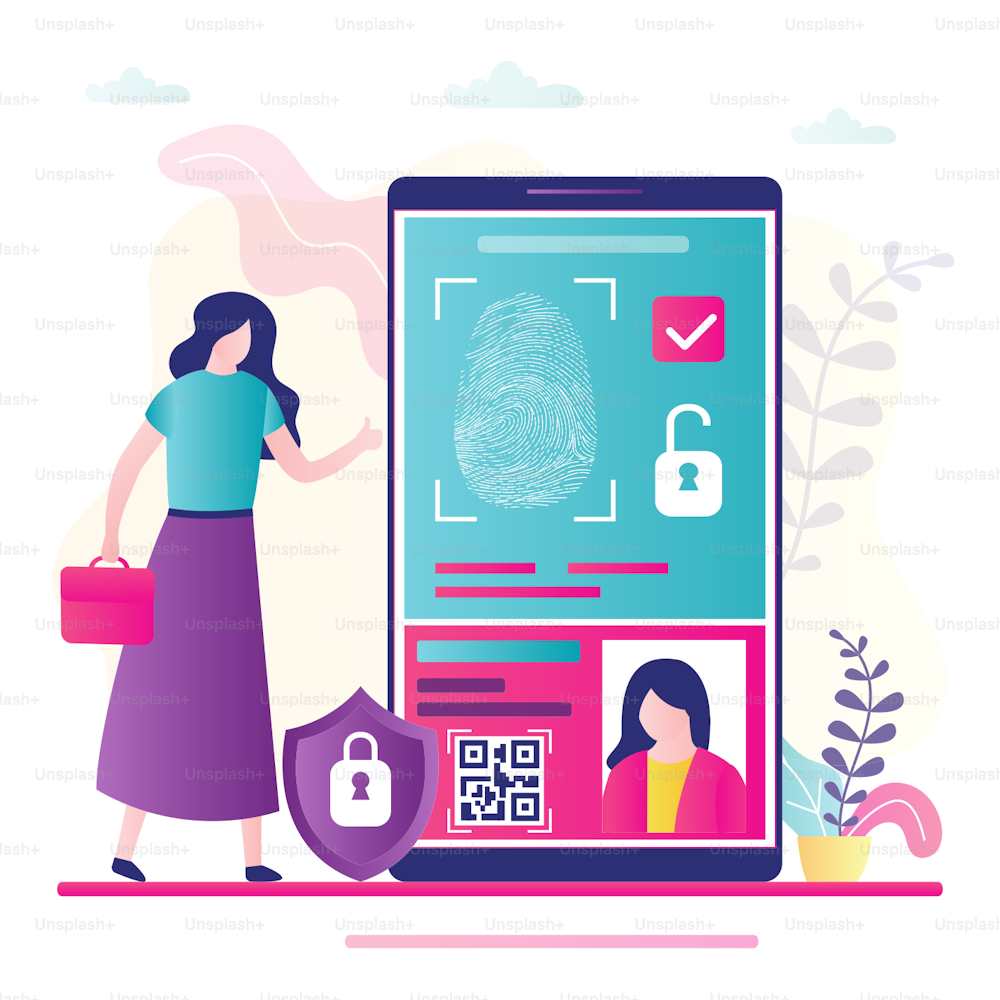 Fingerprint identification. Big mobile phone, businesswoman puts finger to screen. Smartphone application for security control. User profile with data. Flat vector illustration