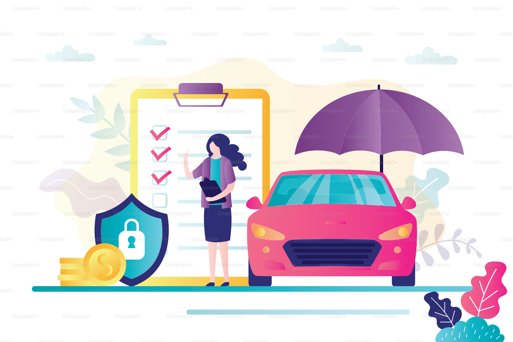Car insurance concept. Automobile protection and safety assurance. Vehicle collision insurance. Safety from disaster. Woman clerk and contract paper form. Banner in trendy style. Vector illustration