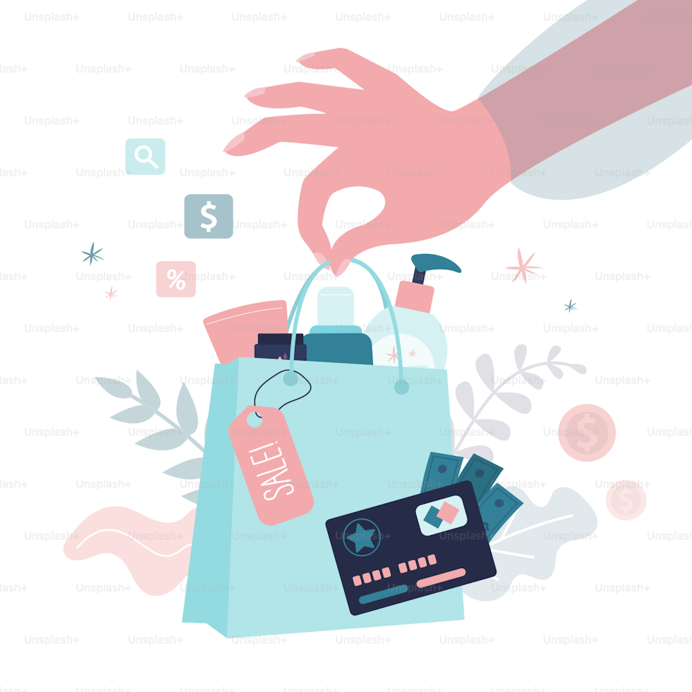 Female hand holds package full of beauty products. Sale of various healthcare cosmetics. Discount card. Concept of sale, skincare and shopping. Banner in trendy style. Flat vector illustration