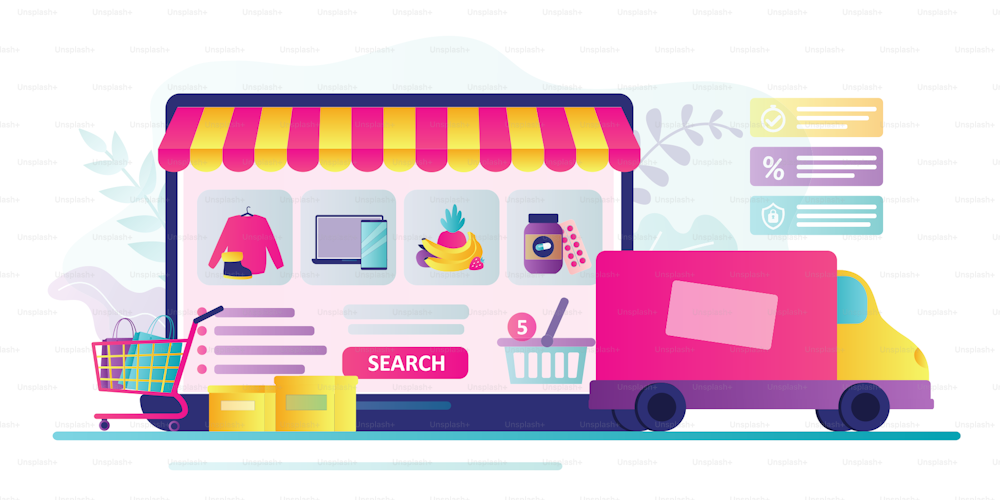 Various products in internet shop, online store showcase. E-commerce and fast delivery. Different goods in shopping trolley. Technology of shopping in online marketplace. Flat vector illustration