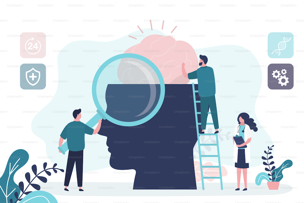 Mental health care treatment concept. Specialist doctor work to give psychology therapy. Tiny people, teamwork. Funny characters in trendy style. Medical staff on ladder. Flat vector illustration