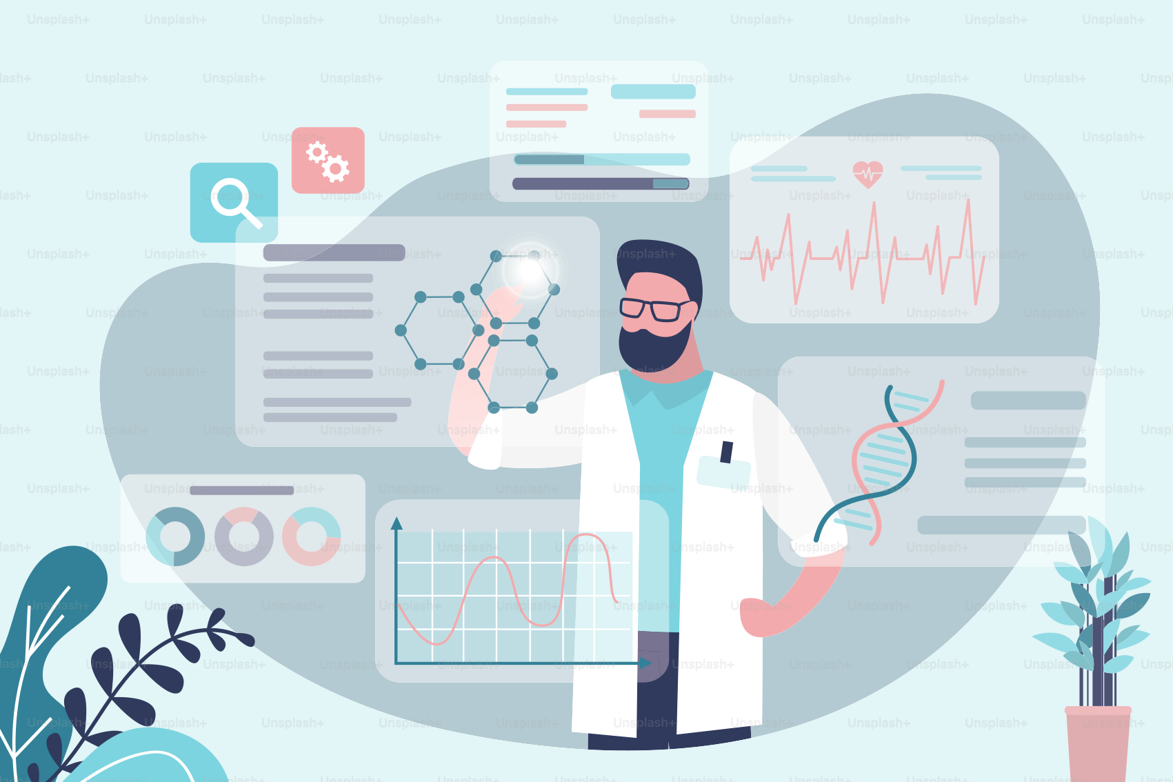 Scientist conducts pharmaceutical research. Pharmacist developing new drug. Various graphs and statistics before doctor. Concept of pharmaceutical, medicine and microbiology. Flat vector illustration