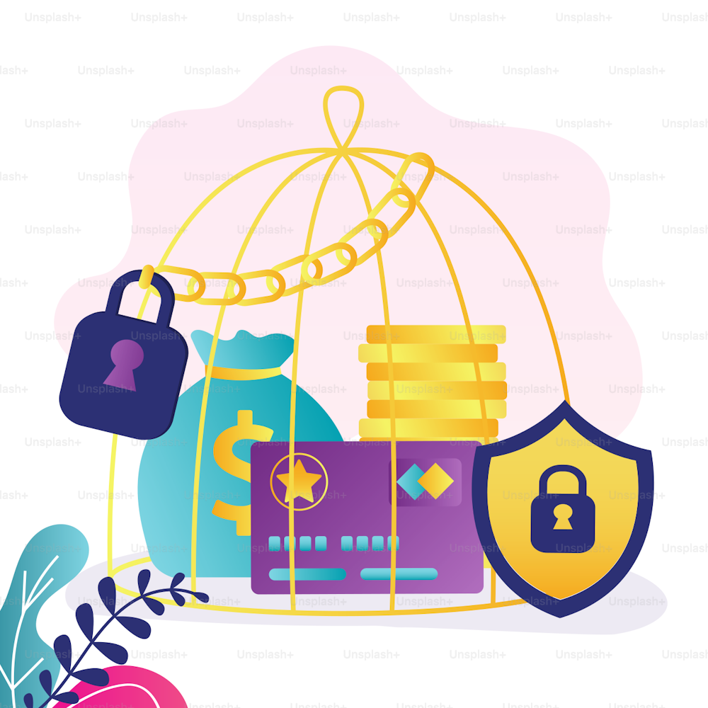 Money and bank card closed in cage. Birdcage full of gold coins. Concept of savings money and banking. Big padlock and chain hangs on cage. Protecting finance and security cash. Vector illustration