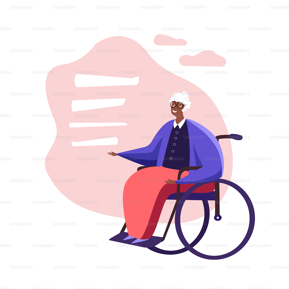 Bright happy Senior lady went for a walk outdoor sitting in her Wheelchair being on fresh air Old Disabled Pensioner Grandmother woman isolated Place for text and description. Flat vector illustration