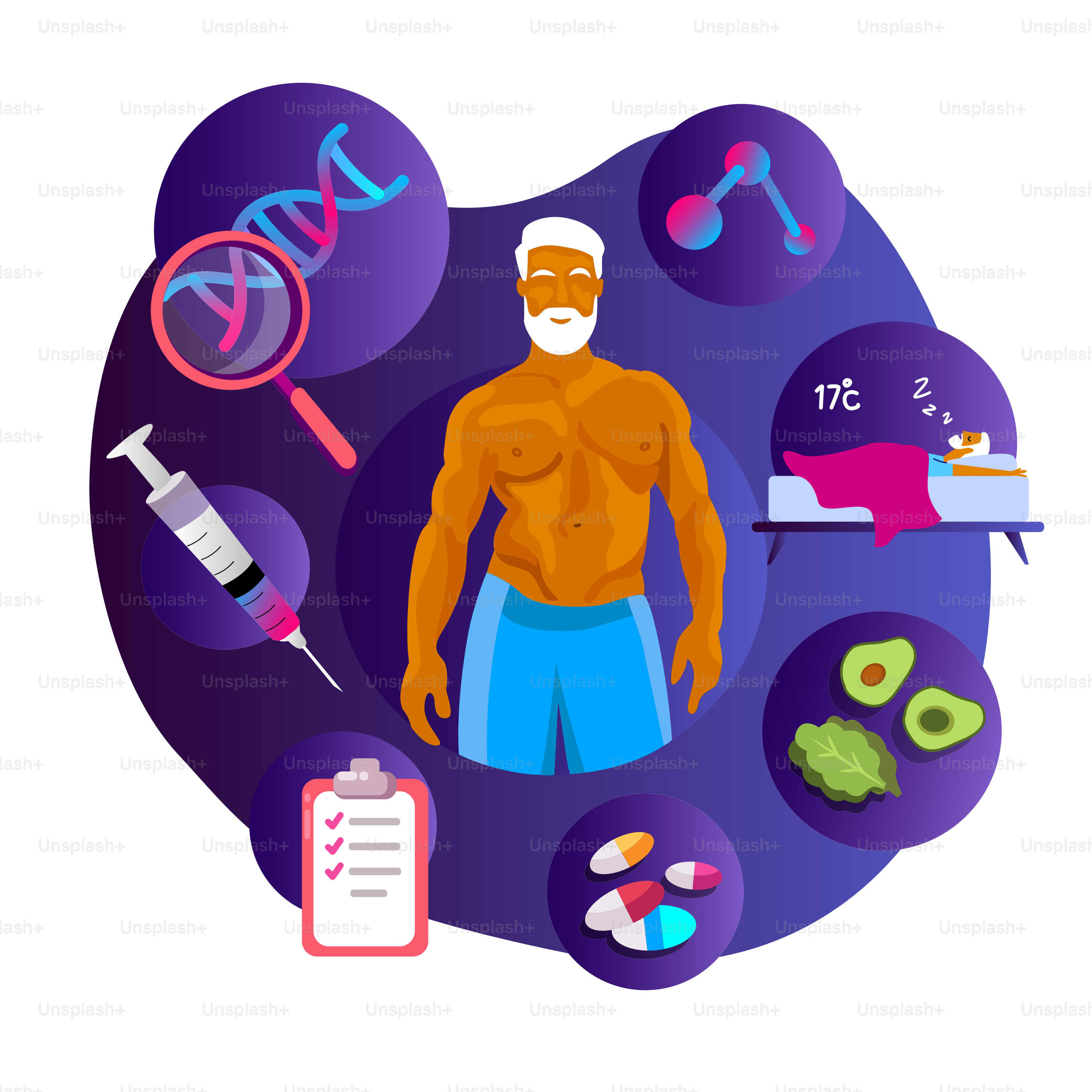 Concepto de biohacking. Hombre viejo y canoso. Programa de Extensión de Vida. Pruebas de inyección para dormir, ADN génico, vitaminas, alimentos enriquecidos en nutrientes. Disciplina de estilo de vida Biohacking. Ilustración vectorial plana