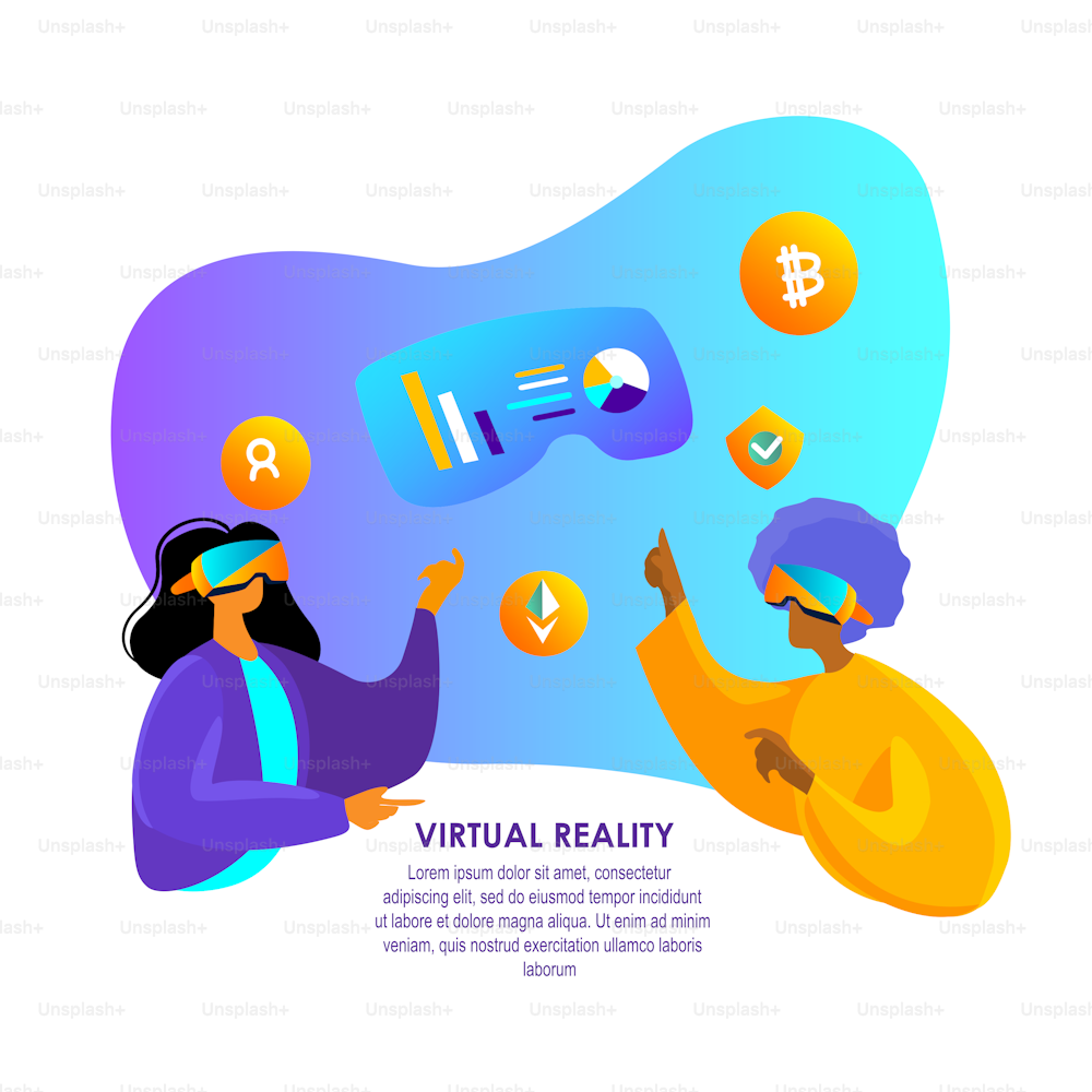 Virtual Reality Concept. People Learn Financial Cryptocurrency Trading Course,Diagram,Grapgh.Wear VR Headset.Enthusiastic Businessmen in VR Get Education. Future Technology Online. Vector illustration