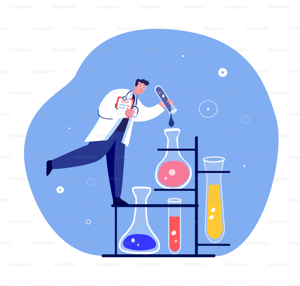 Scientist Doctor Researcher Virologist Creating Vaccine Infusion for Injections Pharmacist.Laboratory Researching Drugs,Medicines Scientific Genetical.Pharmaceutical Analysis. Flat Vector illustration