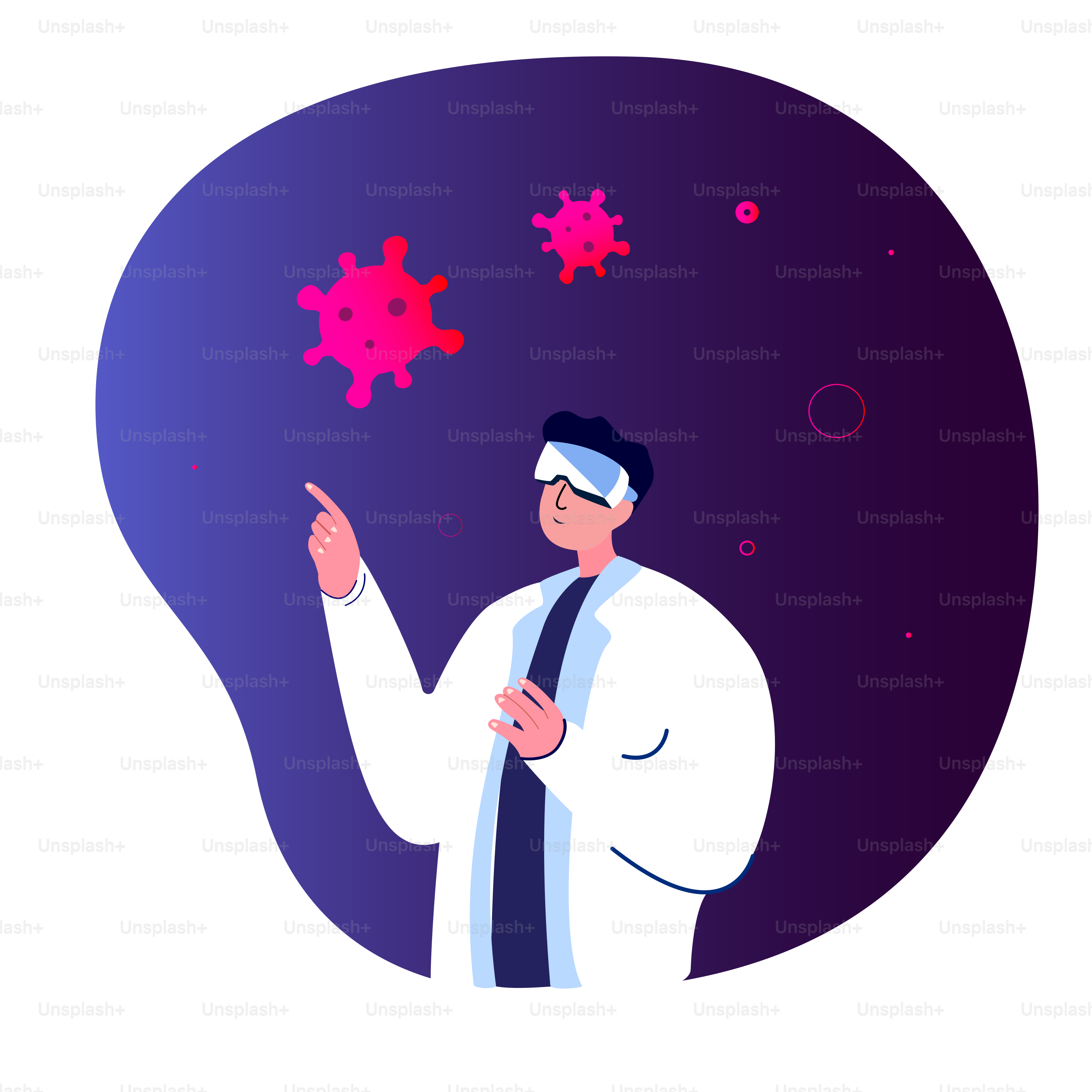 Virtual Reality Concept.Scientist Virologist Researcher in VR Headset.Explore Coronavirus Elemet Corpuscle. Antiviral Vaccine.Medical Laboratory Examination. Future Technology.Flat vector illustration
