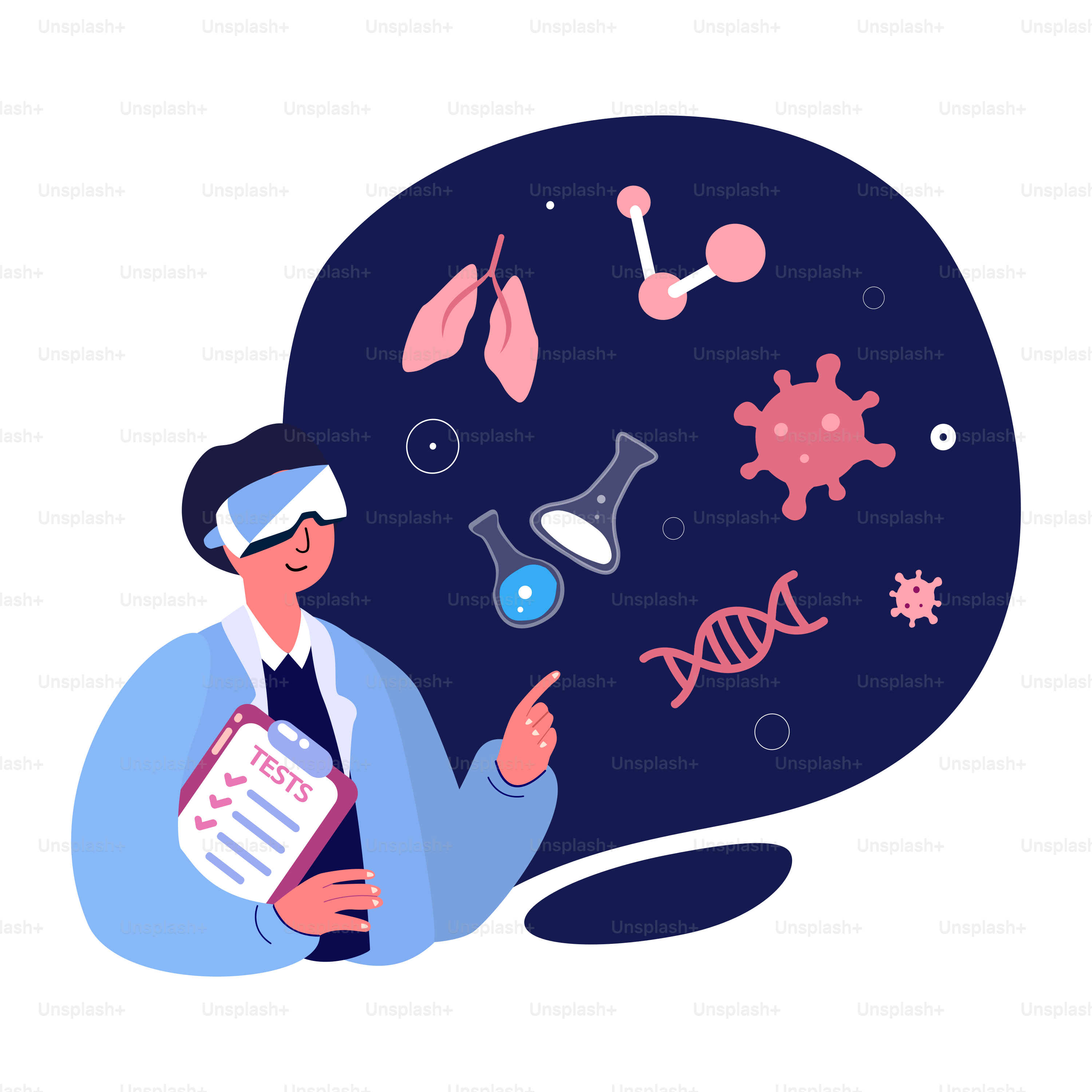 Virtual Reality Concept. Pharmacist Scientist Researcher in VR Headset.Explore Antivirus Vaccine Serum.Coronavirus Lungs Laboratory Research.Genetic Analysis,Atom,Molecule,flask tube.Future technology