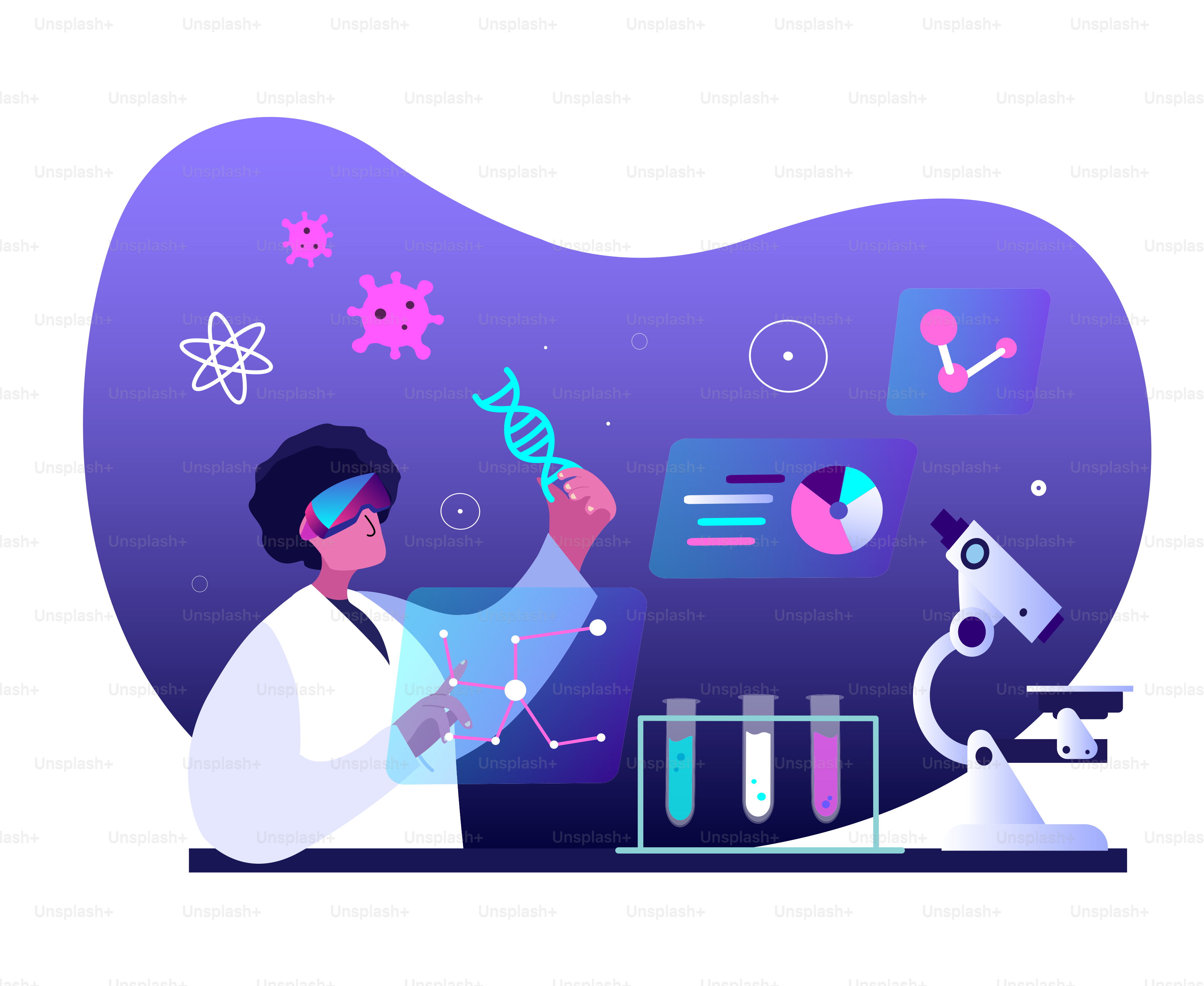 Virtual Reality Concept.Doctor Scientist Virologist Chemist Researcher in VR Headset Create Antiviral Vaccine Coronavirus.Medical Laboratory Examination Holograms. Test Tube,Flask. Vector Illustration