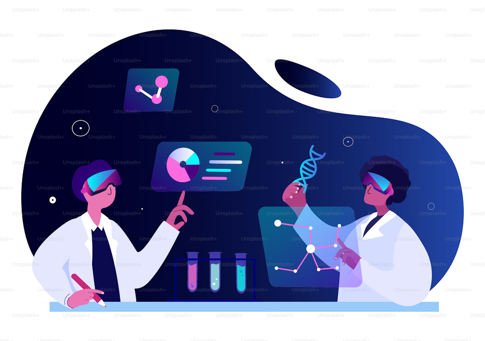 Virtual Reality Concept.Doctors Scientists Virologists Researchers in VR Headset Explore New Pharmaceutical Technologies. Medical Laboratory Examination Holograms. Test Tube,Flask. Vector Illustration