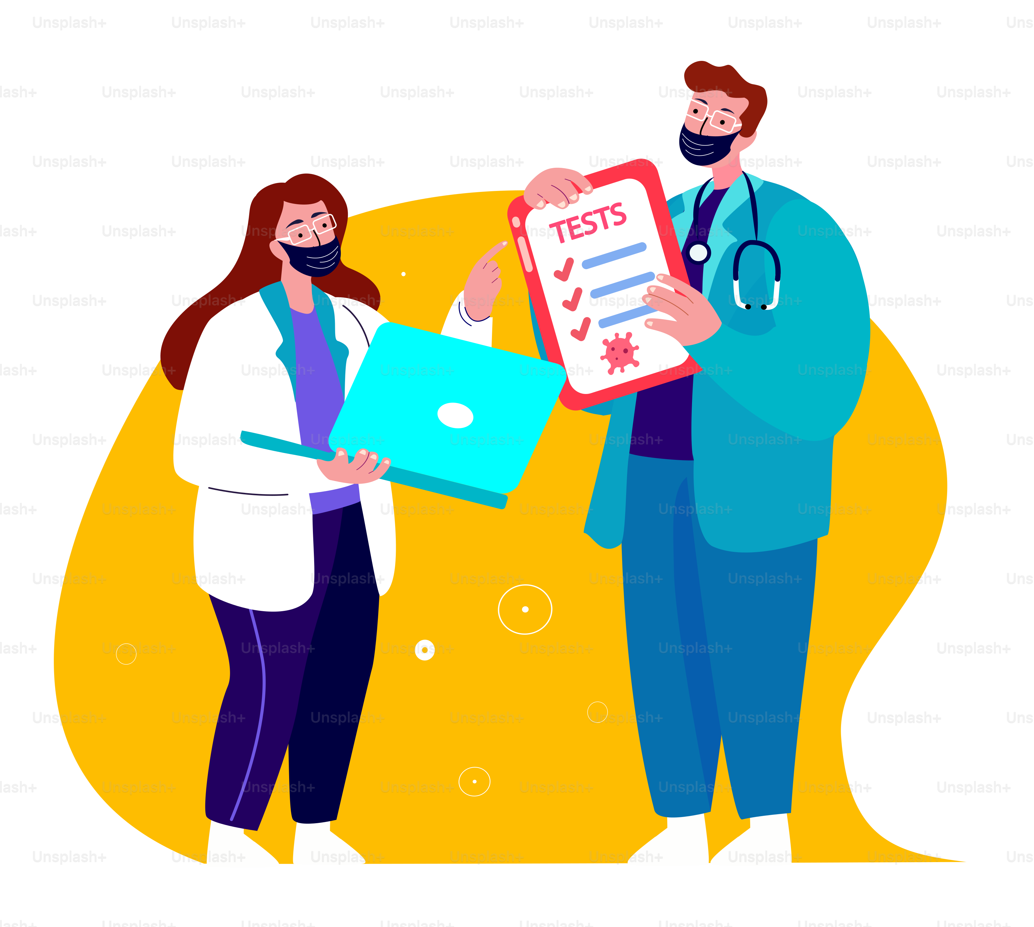 Doctors Virologists in Medical Face Mask Analyse Coronavirus Test Result.Hospital Treatment,Cure.Laboratory Chemist Student Intern. Physician Biologist Expert.Medicinal Examination.Vector Illustration